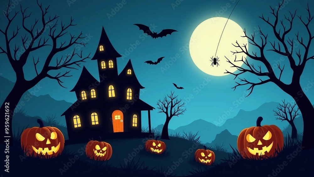Fototapeta premium Haunted House with Jack-o'-Lanterns and Full Moon Halloween Scene