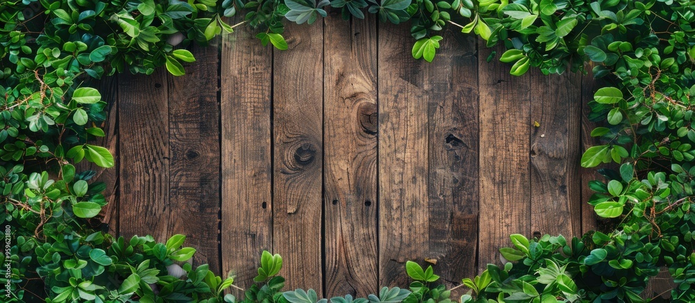 Wooden backdrop top view bordered by tree leaves. Copy space image. Place for adding text and design Wooden backdrop top view bordered by tree leaves. Copy space image. Place for adding text and design