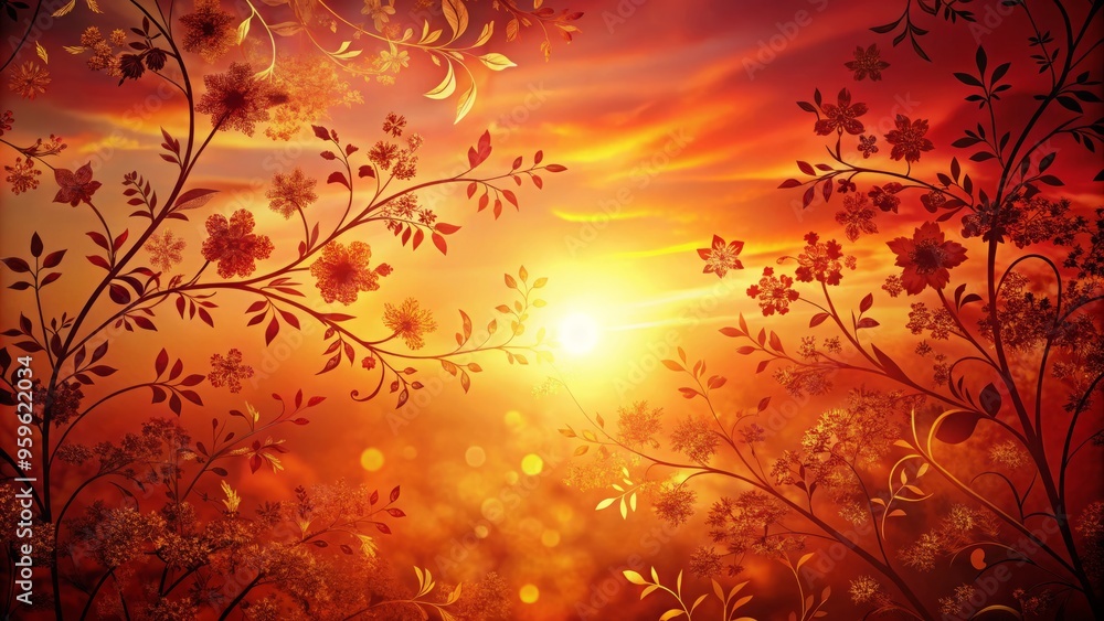 photo image of a vibrant red sunset background with delicate floral patterns and subtle shimmer, softly illuminated with warm golden light photo image of a vibrant red sunset background with delicate floral patterns and subtle shimmer, softly illuminated with warm golden light