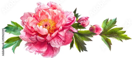 Vibrant peony flower portrait set against a white background. Copy space image. Place for adding text and design