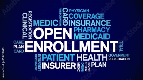 Open Enrollment animated word cloud;text design animation tag kinetic typography seamless loop.