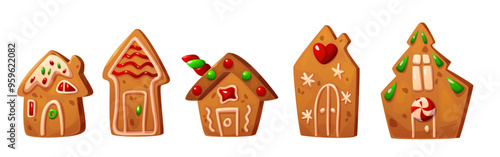 Gingerbread house cookies set isolated on white background. Vector cartoon illustration of traditional Christmas honey and cinnamon biscuits decorated with sweet cream icing, homemade holiday treats