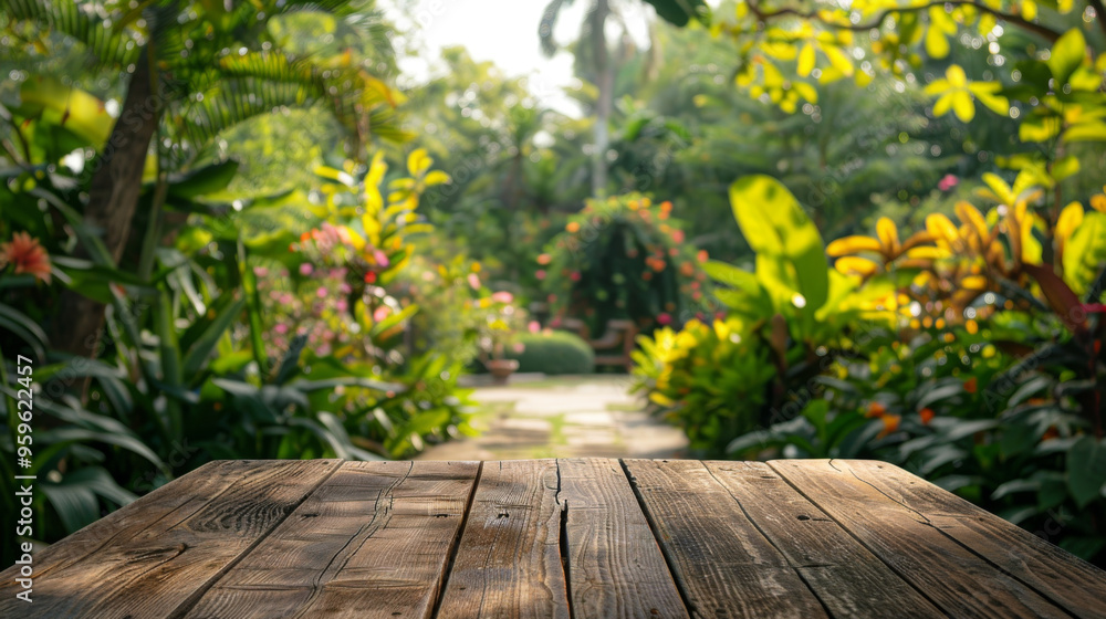 Wide angle blurred garden with wooden planks for product placement Wide angle blurred garden with wooden planks for product placement
