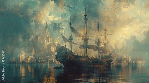 Abstract painting of an old sailing ship in a misty, dreamlike harbor. Ethereal, atmospheric imagery with historical and nautical elements.