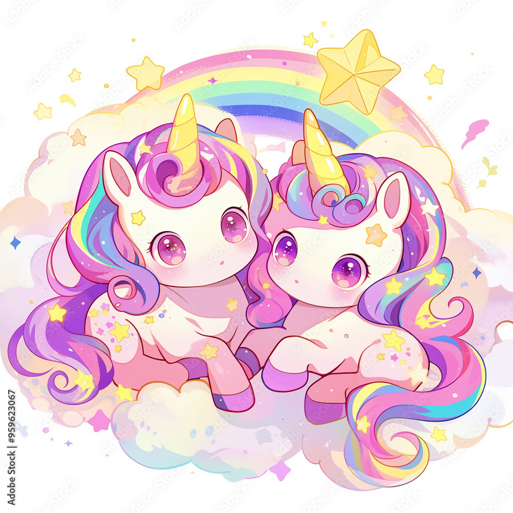 Obraz premium Two rainbow unicorn cartoons
