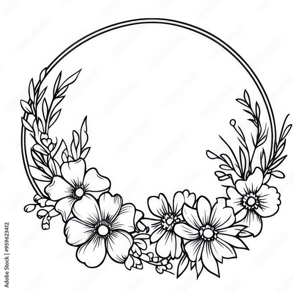 Abstract black and white floral circular frame Abstract black and white floral circular frame