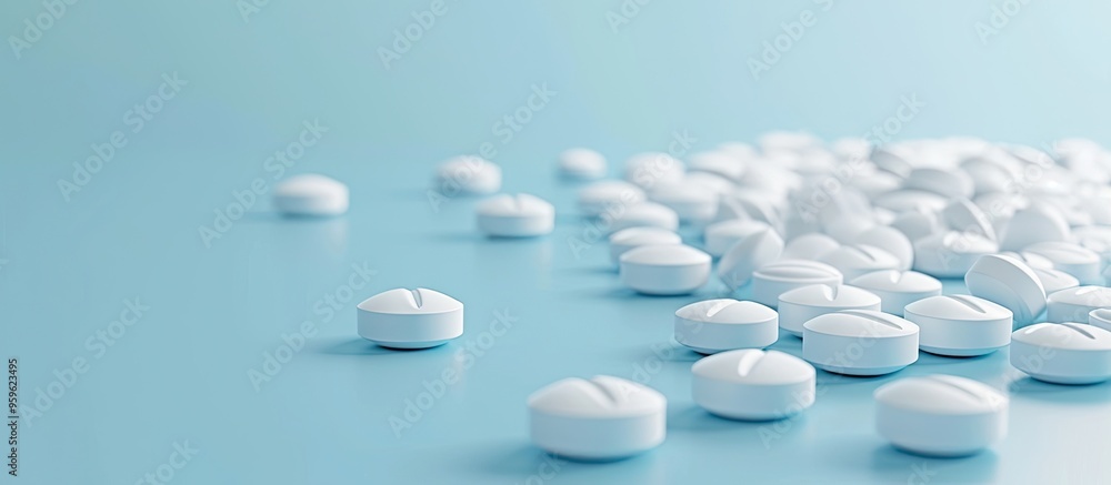 White pills scattered on a blue table A mockup for promotions advertising web backgrounds or other concepts Related to medicine pharmacy and healthcare Copy space An empty area for text or a logo White pills scattered on a blue table A mockup for promotions advertising web backgrounds or other concepts Related to medicine pharmacy and healthcare Copy space An empty area for text or a logo