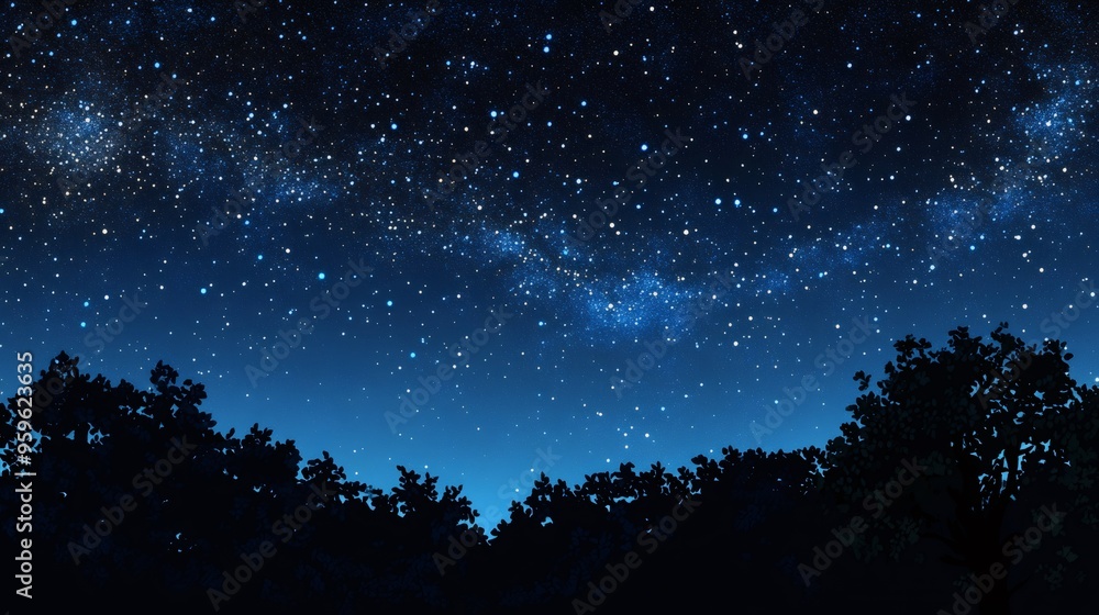 A silhouette of trees against a night sky filled with stars, including the Milky Way. A silhouette of trees against a night sky filled with stars, including the Milky Way.