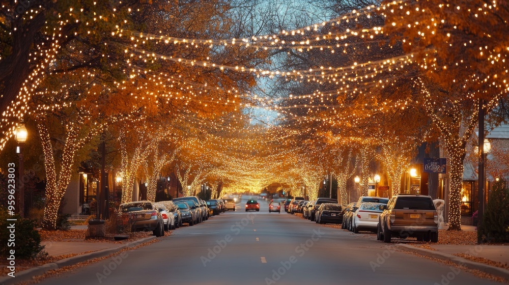 A scenic street view with trees lined with festive lights, casting a magical glow along the road during the holiday season. A scenic street view with trees lined with festive lights, casting a magical glow along the road during the holiday season.
