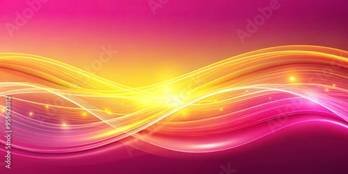 Vibrant pink-yellow gradient backdrop with a glowing wave of light