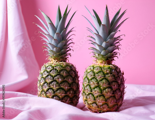 Fresh Pineapples Closeup on White Background for Food and Beverage Use photo