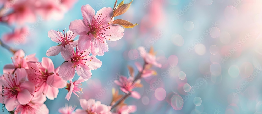 Peach blossoms under a cloudy blue sky The pink branches of this spring tree represent the Vietnamese New Year Holiday Tet. Copy space image. Place for adding text and design Peach blossoms under a cloudy blue sky The pink branches of this spring tree represent the Vietnamese New Year Holiday Tet. Copy space image. Place for adding text and design