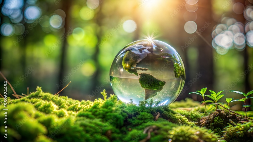 environment glass globe on grass moss in forest environment glass globe on grass moss in forest