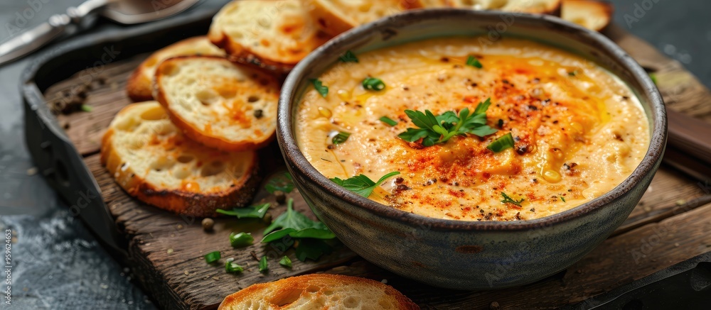 Bowl of cheddar dip with toasted bread. Copy space image. Place for adding text and design Bowl of cheddar dip with toasted bread. Copy space image. Place for adding text and design
