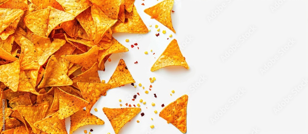Group of crispy corn tortilla nacho chips background with clipping path. Copy space image. Place for adding text and design Group of crispy corn tortilla nacho chips background with clipping path. Copy space image. Place for adding text and design