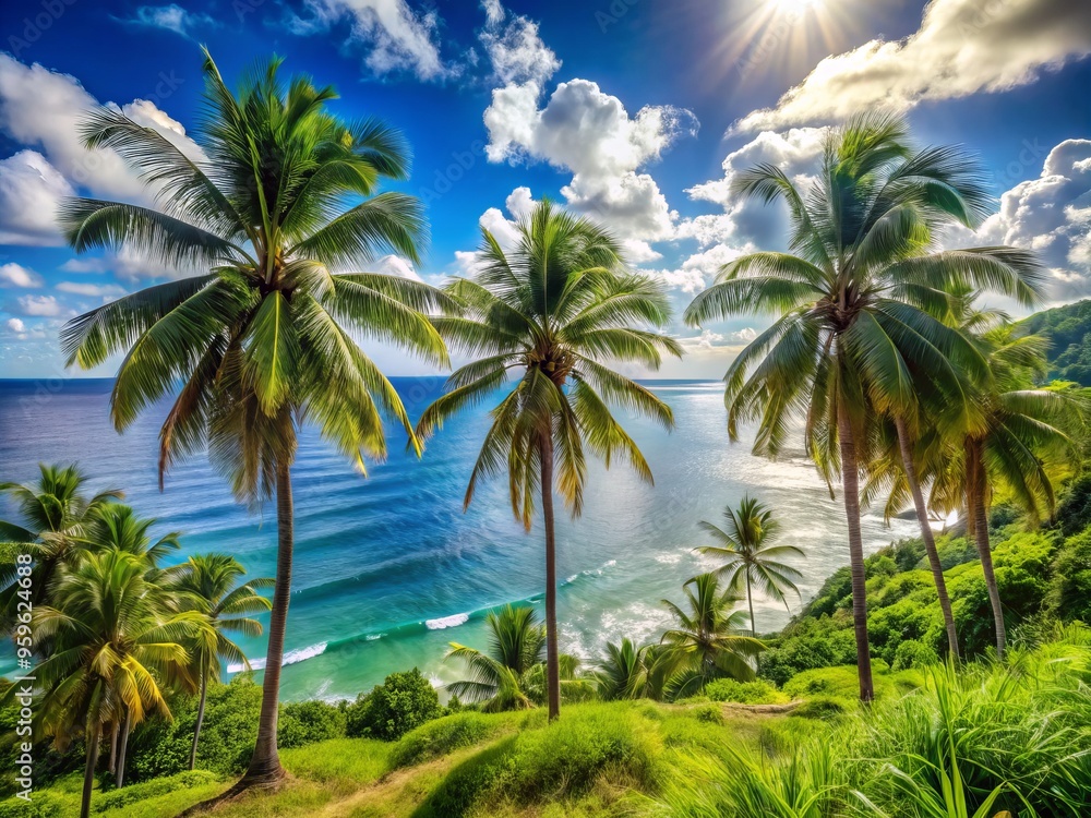 A photo image of sunny tropical landscape with swaying palm trees, lush green foliage, and calm blue ocean waters in the distance. A photo image of sunny tropical landscape with swaying palm trees, lush green foliage, and calm blue ocean waters in the distance.