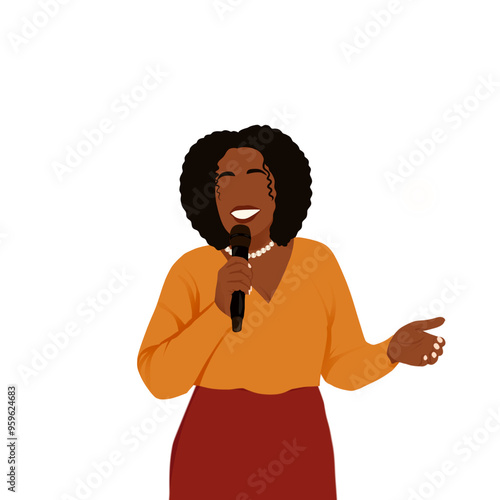 Black Woman with Afro Hair Holding a Microphone While Speaking or Singing in a Minimalist Art Style