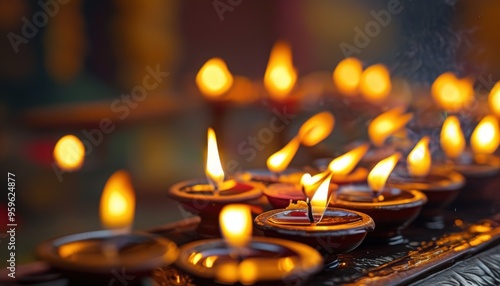 Wallpaper Mural Rows of traditional Hindu oil lamps glowing with warm candlelight, creating a serene and spiritual atmosphere. Torontodigital.ca