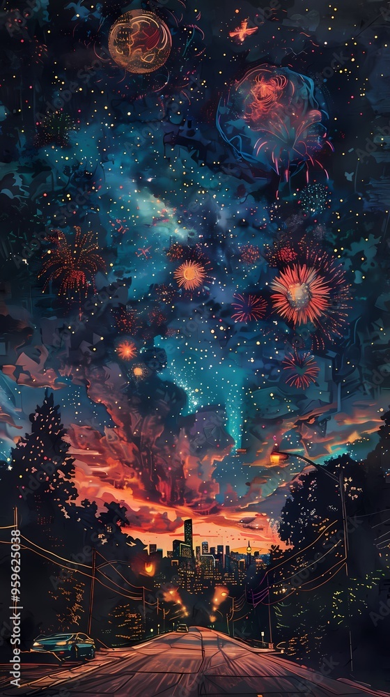 Fototapeta premium city and the sky adorned with spectacular fireworks illustration poster background