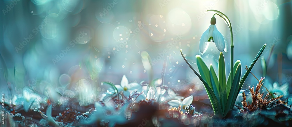 Obraz premium Close up of white snowdrops Galanthus nivalis against a blurred background with copy space macrophotography Snowdrops bloom in the forest during spring