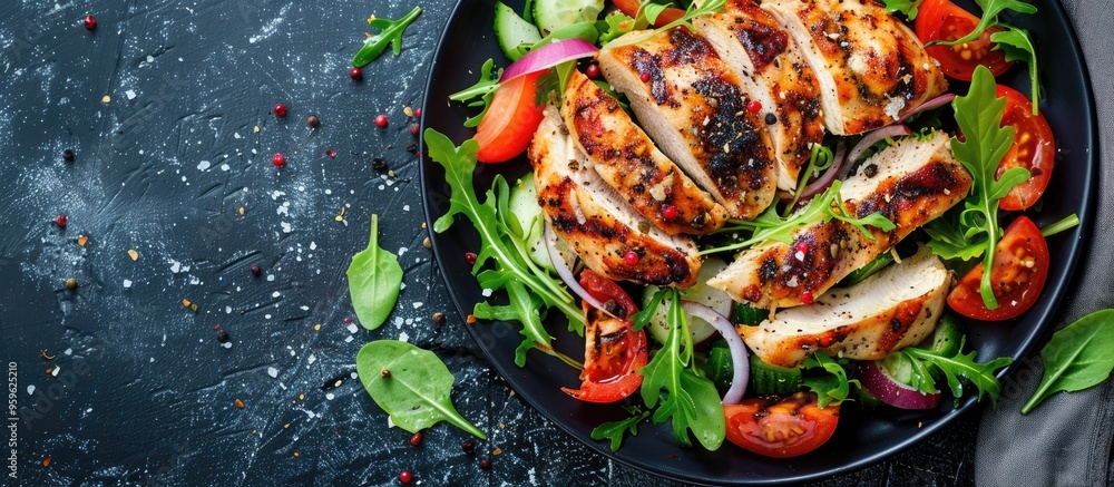 Baked chicken and vegetable salad Nutritious meal Dieting Selective focus Copy space Baked chicken and vegetable salad Nutritious meal Dieting Selective focus Copy space