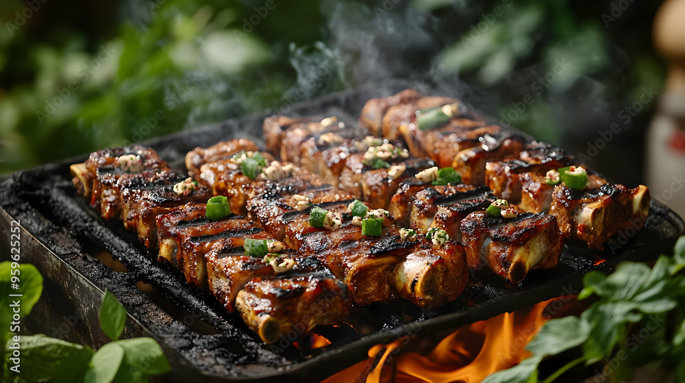 Grilled meat skewers sizzling on a barbecue with herbs and spices. Grilled meat skewers sizzling on a barbecue with herbs and spices.