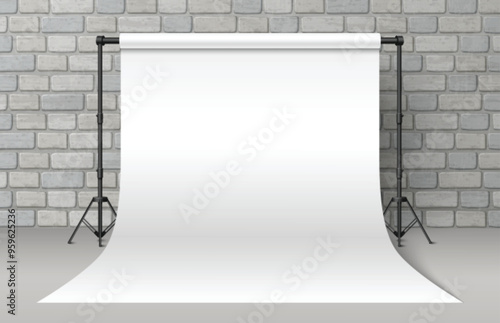 White photo shoot studio backdrop. Empty paper near brick wall. 3d photographer tripod equipment in realistic interior for portfolio session. Blank roll canvas design to display promo screen inside