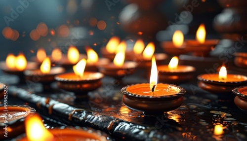 Rows of traditional Hindu oil lamps glowing with warm candlelight, creating a serene and spiritual atmosphere.