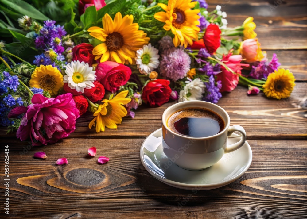 Photo image of a warm cup of coffee placed on a vintage wooden table amidst a colorful bouquet of fresh flowers. Photo image of a warm cup of coffee placed on a vintage wooden table amidst a colorful bouquet of fresh flowers.