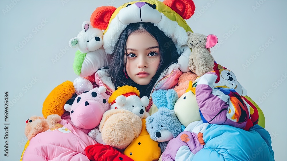 Whimsical Winter Style: A Girl in Oversized Jacket with Plush Cartoon Characters – Perfect for a Fun Sports Room Poster! Whimsical Winter Style: A Girl in Oversized Jacket with Plush Cartoon Characters – Perfect for a Fun Sports Room Poster!