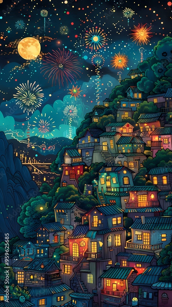 Obraz premium city and the sky adorned with spectacular fireworks illustration poster background 