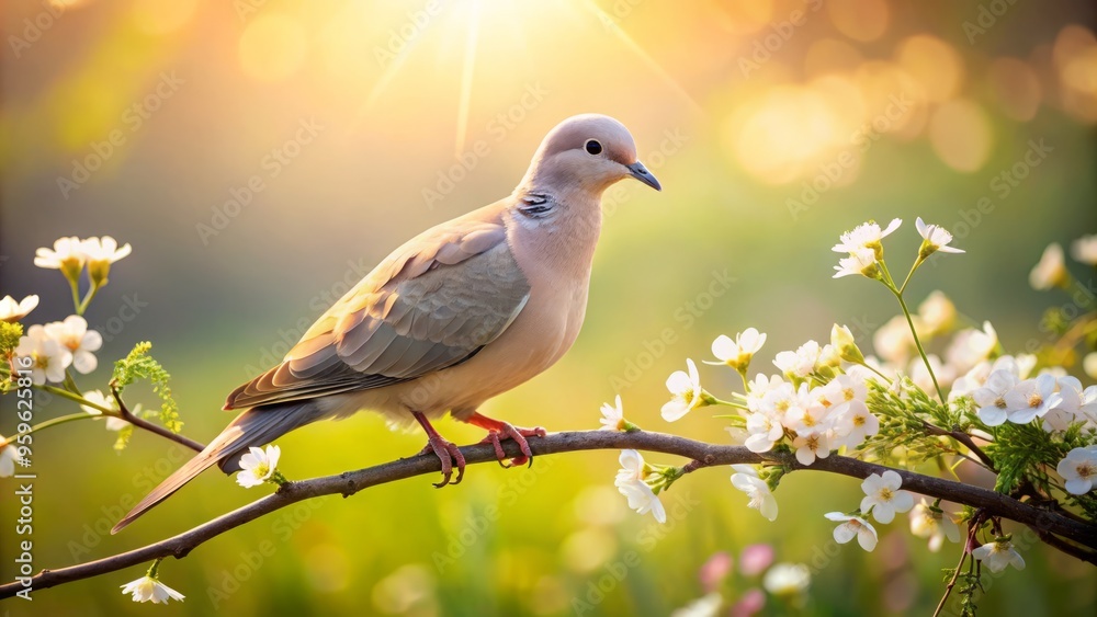 A photo image of a serene dove perched on a twig in a meadow, surrounded by soft light and delicate flowers. A photo image of a serene dove perched on a twig in a meadow, surrounded by soft light and delicate flowers.