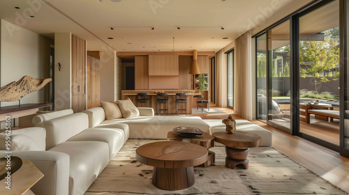 Spacious living room interior design with a large wool area rug, natural wood accents, and a low-profile sofa in soft taupe, evoking refined comfort. photo