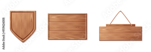 3d wood texture sign board. Wooden plank frame for saloon. Realistic vintage nail bar for text in game. Timber ui interface pointer template icon set. Empty hanging on rope plain banner design