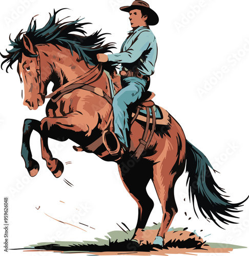 vector illustration hand drawing of a cowboy holding on to a wildly bucking horse 