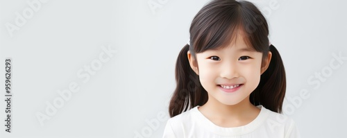 White background Happy Asian child Portrait of young beautiful Smiling child good mood Isolated on backdrop ethnic diversity equality acceptance concept photo