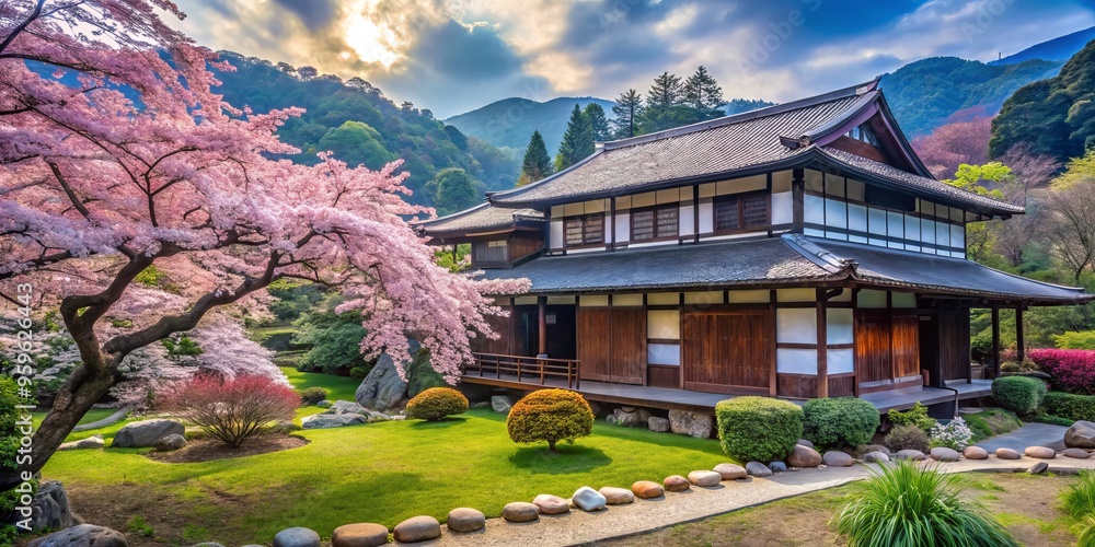 Obraz premium a photo image of a serene traditional Japanese country house surrounded by lush greenery and blooming cherry blossom trees