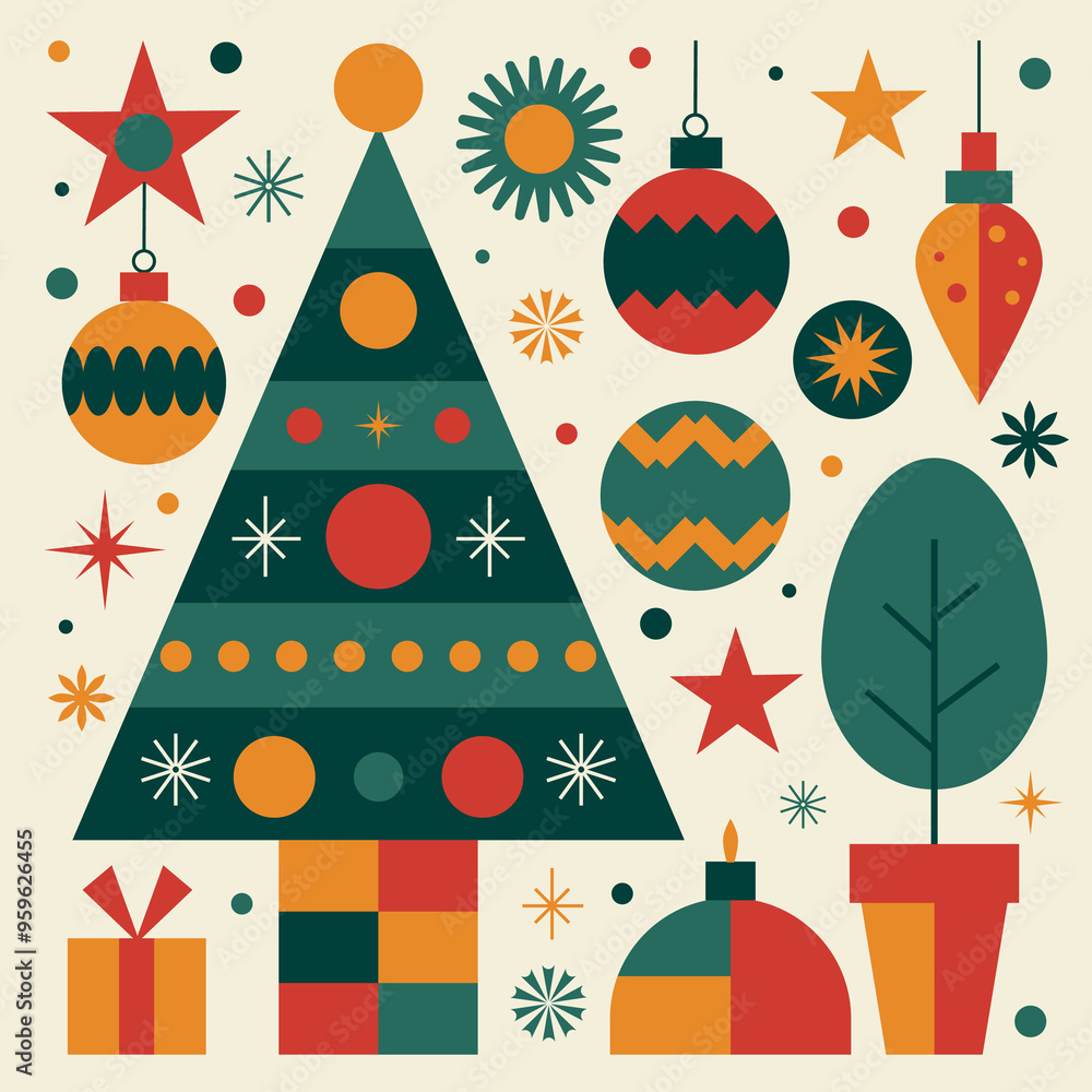 Modern flat design Christmas tree and decorations illustration, colorful, geometric, retro-inspired Christmas design Modern flat design Christmas tree and decorations illustration, colorful, geometric, retro-inspired Christmas design