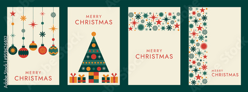 Modern Christmas card set with geometric tree and ornaments