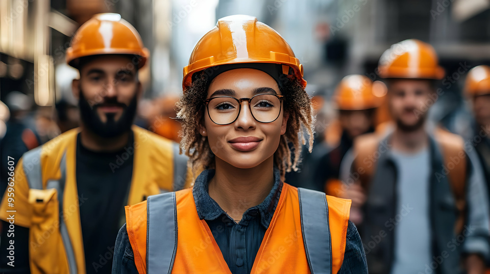 Group of construction workers in safety gear on a city street. Group of construction workers in safety gear on a city street.