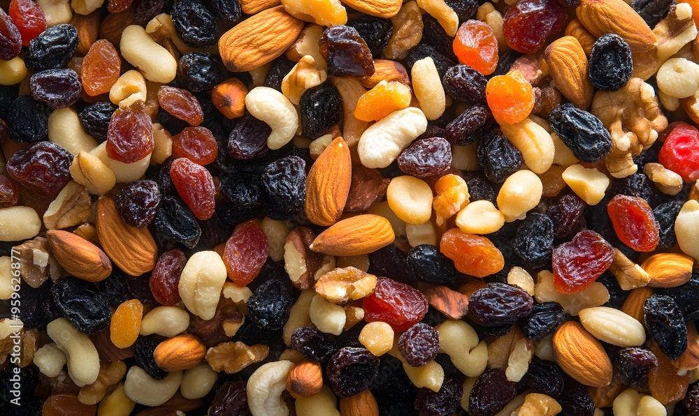 Pile of different nuts mix with dried fruit background , Generative AI Pile of different nuts mix with dried fruit background , Generative AI