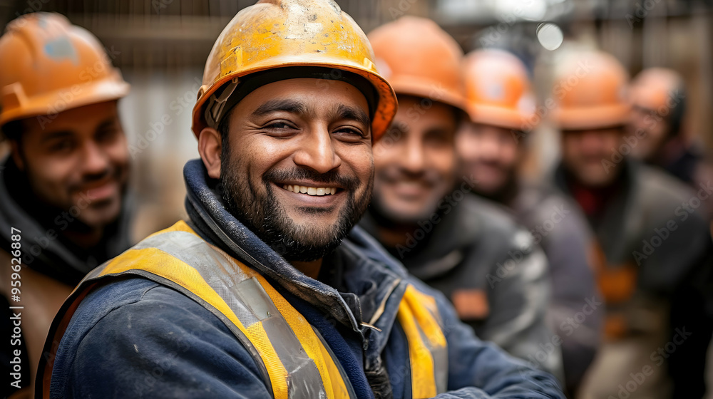 Group of smiling construction workers wearing safety helmets. Group of smiling construction workers wearing safety helmets.