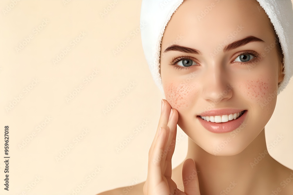 Young woman with acne touching her face on beige background. Skincare and dermatology concept. Beauty treatment. Studio portrait for banner, advertisement with copy space Young woman with acne touching her face on beige background. Skincare and dermatology concept. Beauty treatment. Studio portrait for banner, advertisement with copy space