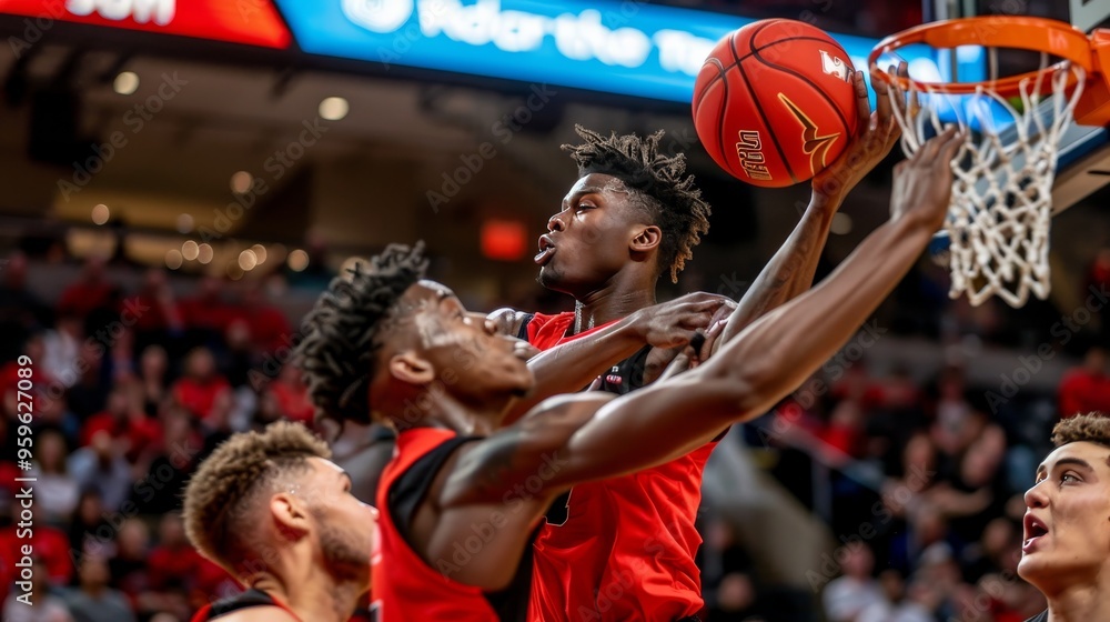 Dynamic basketball scene capturing players in action, ball soaring towards hoop with pure energy. Dynamic basketball scene capturing players in action, ball soaring towards hoop with pure energy.