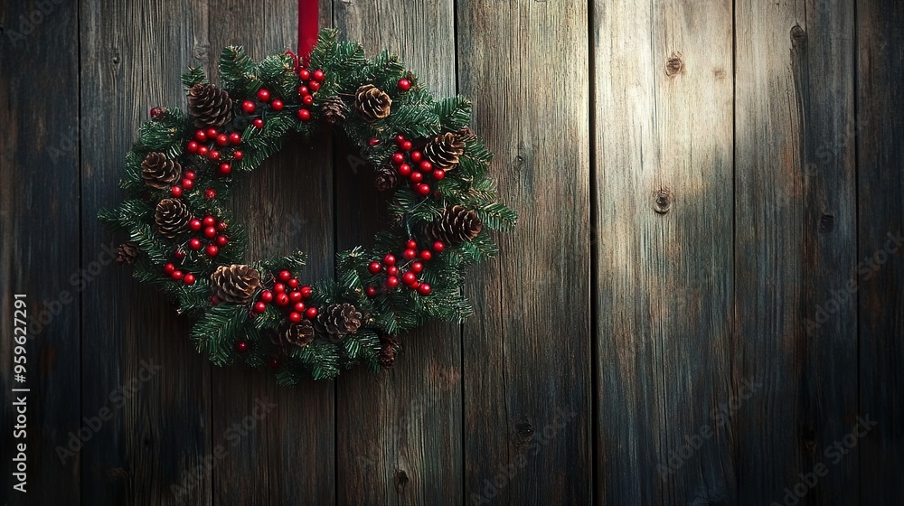 festive Christmas wreath hanging on a rustic wooden door festive Christmas wreath hanging on a rustic wooden door