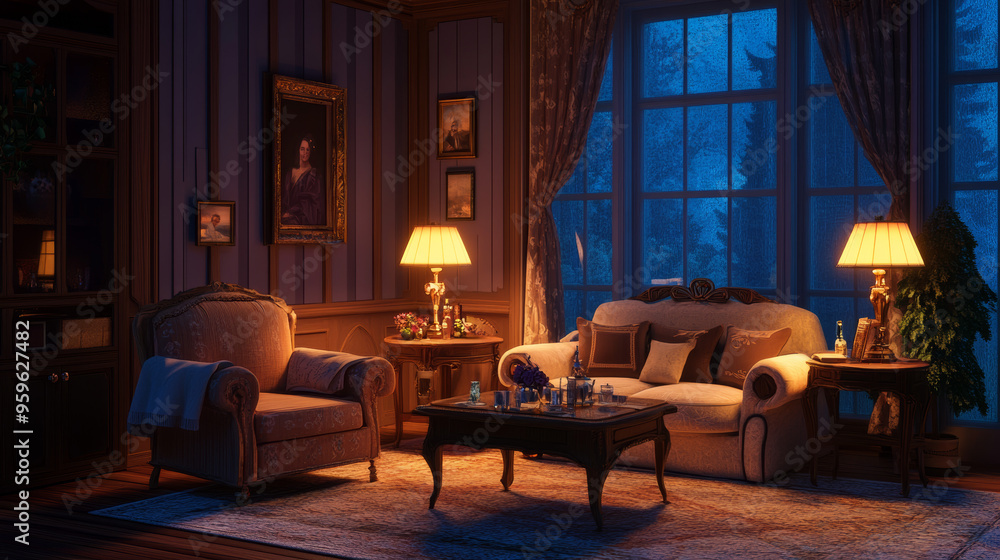 A cozy living room at night, with a sofa, armchair, and table. The lamps are turned on, casting a warm glow. A cozy living room at night, with a sofa, armchair, and table. The lamps are turned on, casting a warm glow.