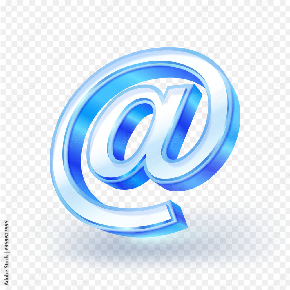 Email sign from blue glass alphabet with reflection isolated on white background. 3D vector illustration. Email sign from blue glass alphabet with reflection isolated on white background. 3D vector illustration.