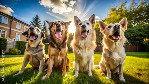 a photo image of canine friends loudly vocalizing their excitement and joy in a sunny backyard photo