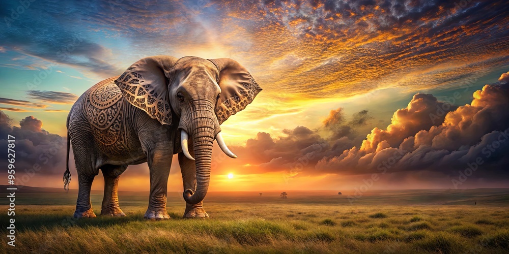 Fototapeta premium Majestic elephant standing in a fantasy sunset field with ornate patterns