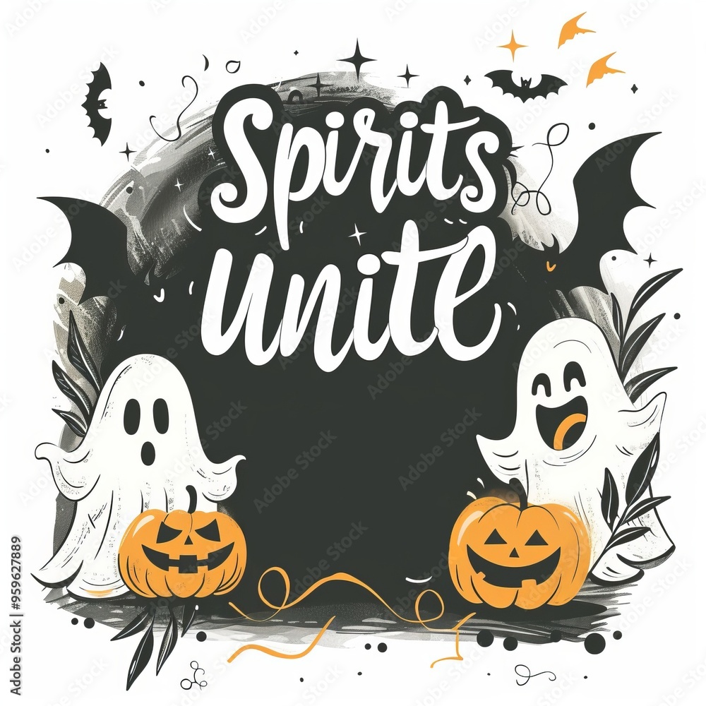 Halloween design with ghosts, pumpkins, and text Halloween design with ghosts, pumpkins, and text